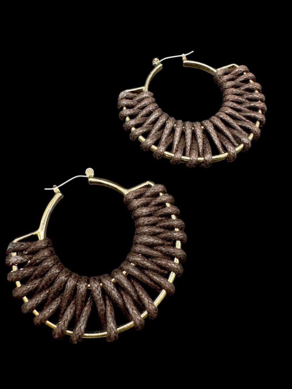 Hoop Pierced Earrings Gold Tone with Brown Woven Rope